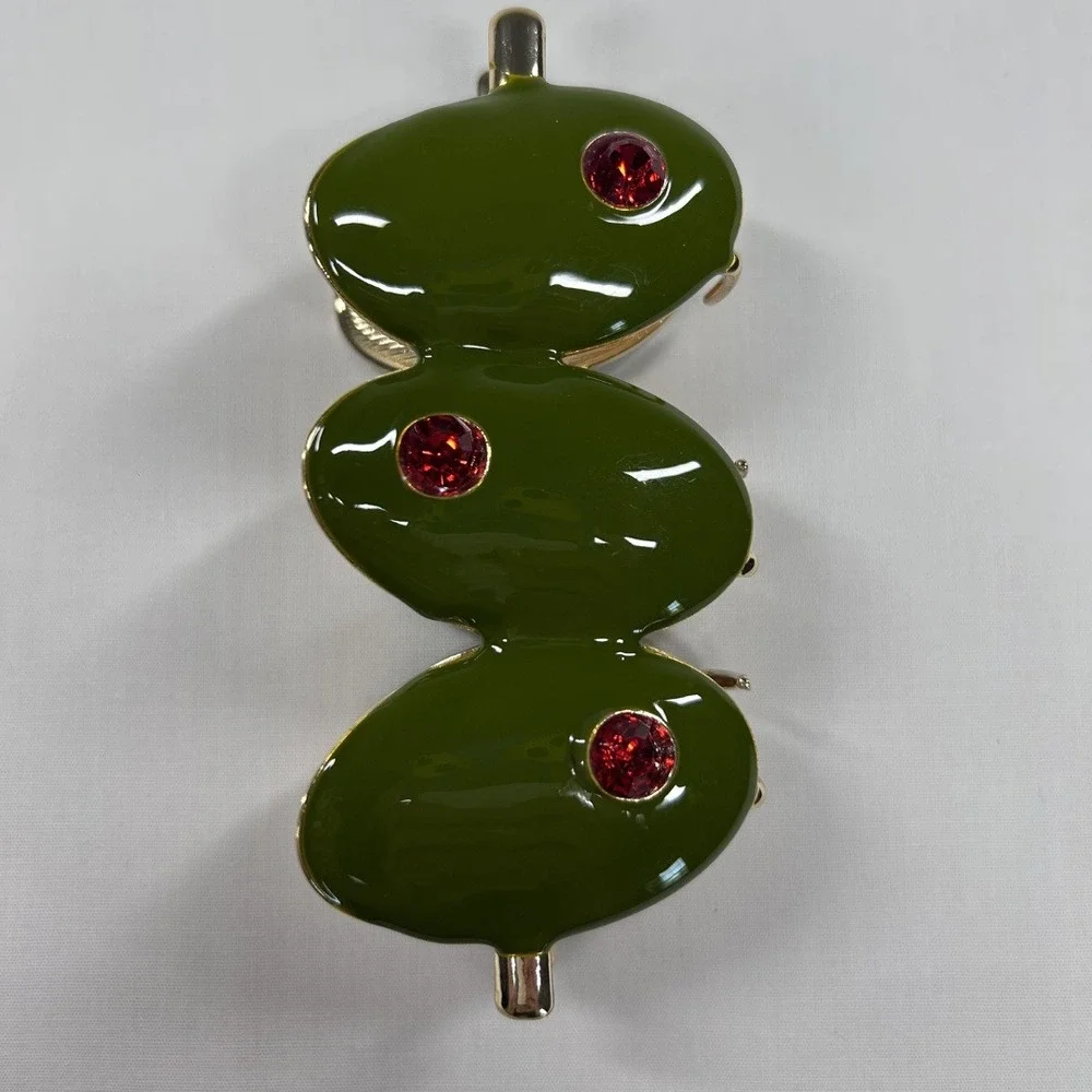 Green Martini Olive Hair Claw Clip Pimento Red Rhinestone Gold Metal Jaw